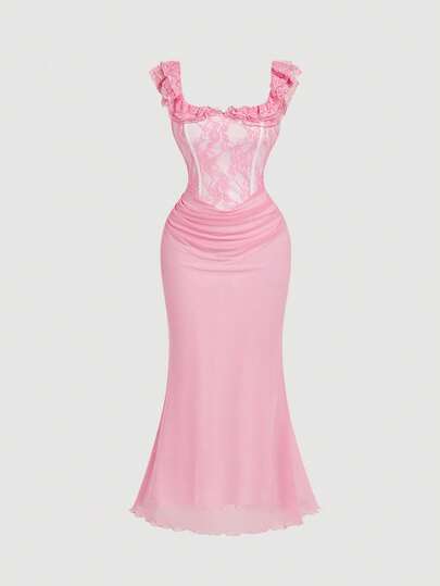 SHEIN MOD Plus Size Women's Elegant Dress With Contrast Lace, Ruffle, And Fishtail Hem, Spring/Summer, Valentine's Day Dress, Elegant Dresses For Party, Weddings & Events Dress, Bridesmaid Dress, Birthday Dress For Women, Vacation Dress, Pink Dress, Vintage, Retro, Garden Party Dress, Fishtail Dress, Celebration Dress, Elegant Pink Dress Pink Tea Party Dress Garden Party Formal Dress Pink Corset Dress