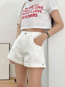 Dazy Tall Shorts vaqueros casuales de mujer con cintura de capullo de flor - Blanco - Ver 3