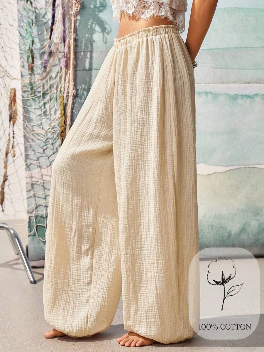 SoleilVie Pantalones anchos de pierna ancha de algodón con mezcla de albaricoque, cintura con cordón y puños, para vacaciones, conjunto de verano para mujer - Albaricoque - Ver 1