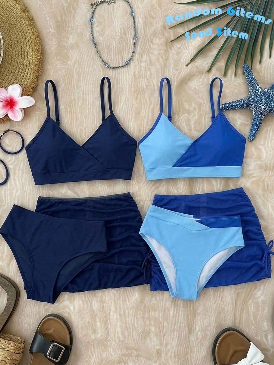 SHEIN Bộ bikini và váy phối màu dành cho thiếu nữ - Màu xanh lam - Xem 1