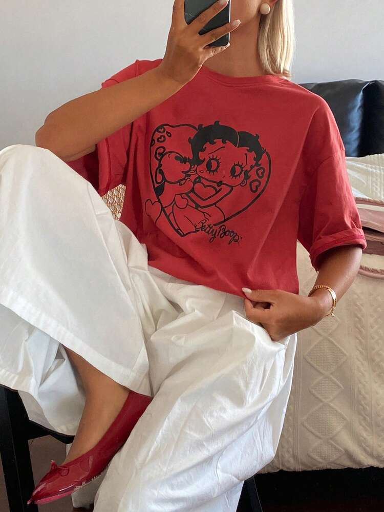 Women's Heart & Cartoon Character Print Round Neck Short Sleeve T-Shirt