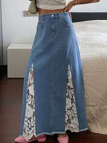 DAZY Chân váy chữ A phối ren tương phản phong cách cao bồi miền Tây, chân váy denim mùa hè thoải mái cho nữ. - Màu xanh lam - Xem 3