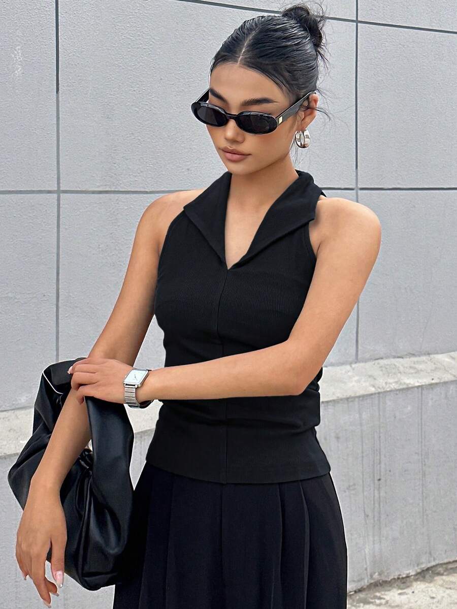 DAZY Solid Halter Top Tank Tops - Black - View 1