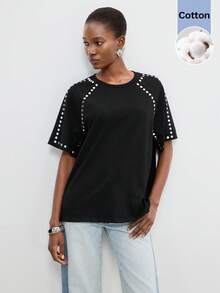 Maija Women's Round Neck Raglan Short Sleeve Casual Versatile T-Shirt - Black - View 7
