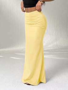 SHEIN EZwear Plus Size Women Elegant Solid Color Mermaid Maxi Skirt - Pale Yellow - View 3