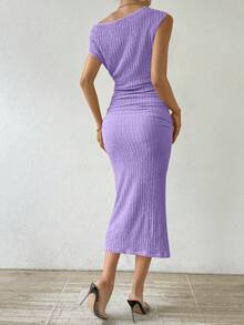 SHEIN Women'S Oblique Shoulder Ruffled Dress Maxi Women Outfit - Mauve Purple - View 2