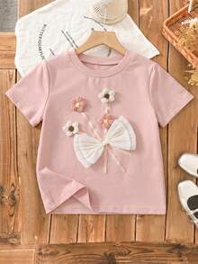 SHEIN Genkimix Kids 女童3D花朵蝴蝶结装饰圆领短袖T恤，夏季 - 粉色 - 查看 6