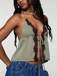 COUREZ Halter Cami Top With Lace / Y2K Summer Outfits For Women Sleeveless Tops Green Tops Going Out Outfits Party Outfits Festival Outfits Summer Tops Spring Outfits For Women Summer Clothes For Women - Army Green - View 6