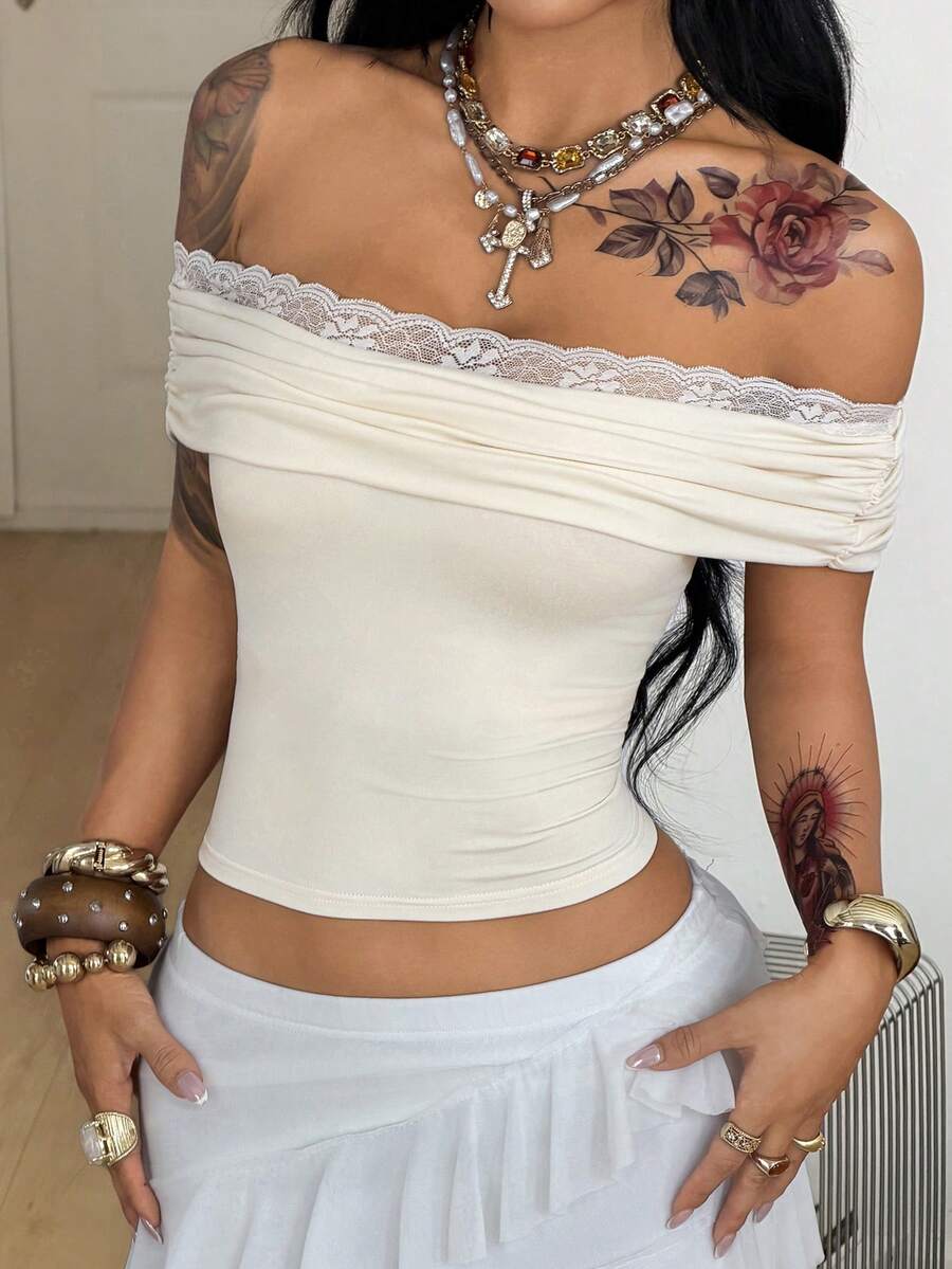 Coolane Women's Elegant Cream White Summmer Off The Shoulder Pleated Tops,Y2K Vintage Contrast Lace Ruched Fitted Stretchy Comfortable Night Out Party Tops - Beige - View 1
