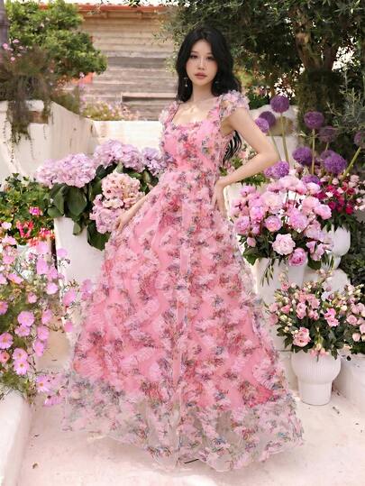 Celisse Romantic Elegant Floral Print Waist Cinching Square Neck Short Sleeve Graceful Holiday Chic Sweet Mesh 3D Flower Decor Women Dress