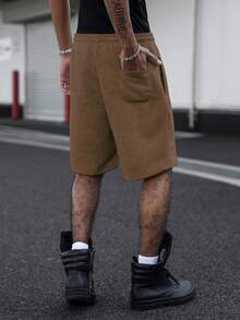 Manfinity Roghcode Men's Minimalist Embroidered Pattern Casual Knit Shorts, Loose Straight Leg High Street Patchwork Sports Pants - Coffee Brown - View 2