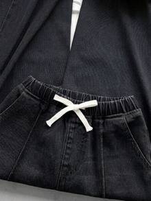 SHEIN Quần jeans ống rộng dáng suông thoải mái dành cho bé gái tuổi teen, có dây buộc eo. - màu đen - Xem 8