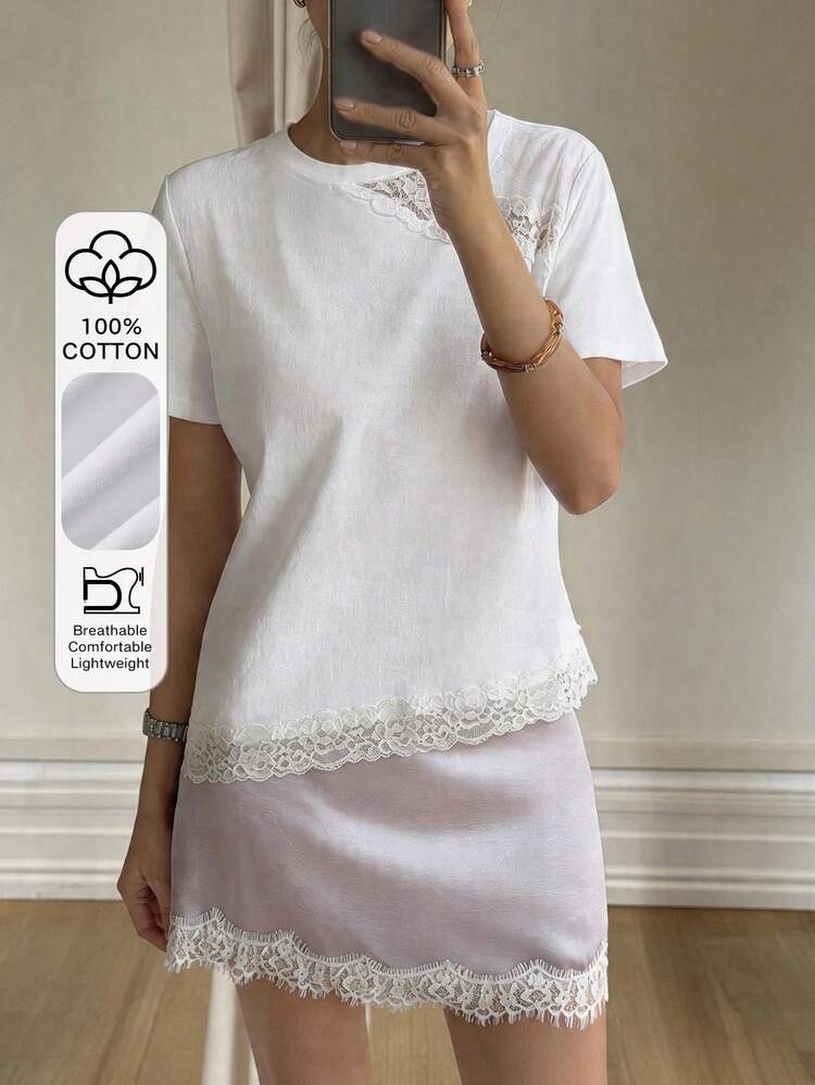 Women's Lace Patchwork Fitted Casual White T-Shirt