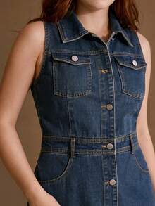 MOTF PREMIUM GAUN DENIM TANPA LENGAN DENGAN HEM ASIMETRIS UNTUK WANITA UKURAN BESAR, UNTUK KEHIDUPAN SEHARI-HARI/KENCAN, MUSIM SEMI/PANAS - Biru - View 2
