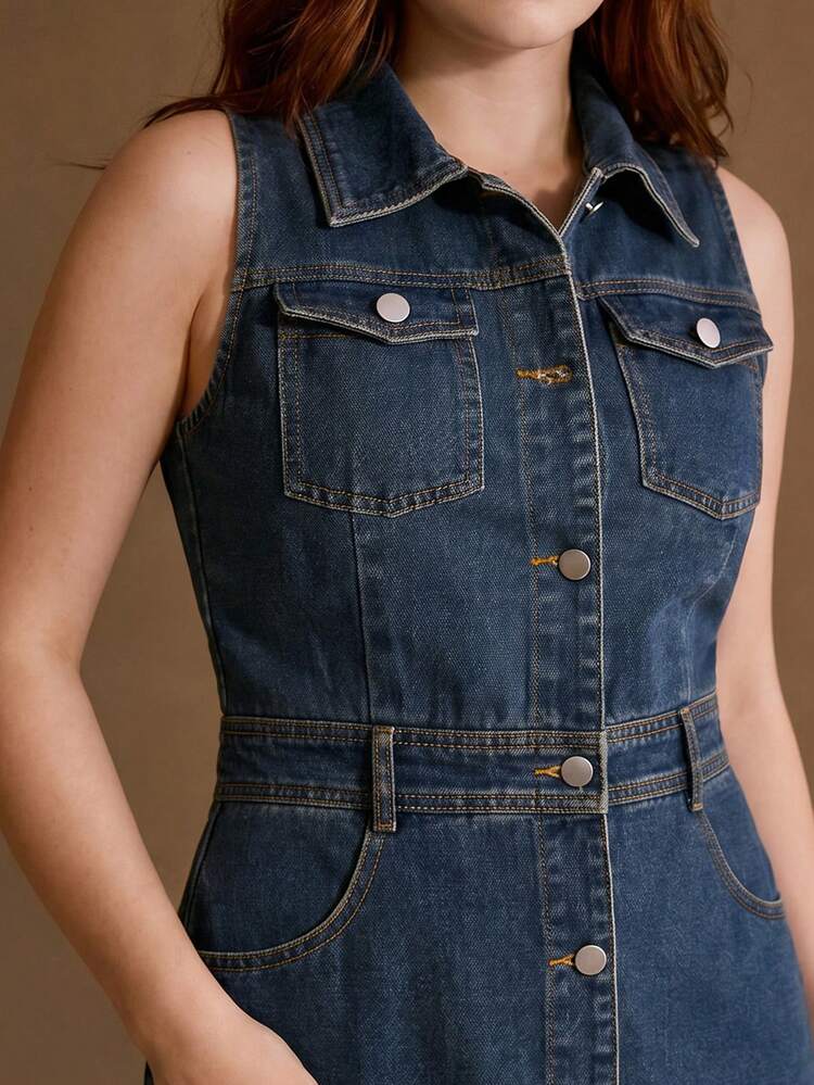 PLUS SIZE WOMEN DAILY CASUAL/DATE ASYMMETRICAL HEM SLEEVELESS DENIM DRESS, SPRING/SUMMER