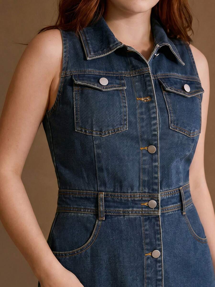 MOTF PREMIUM PLUS SIZE WOMEN DAILY CASUAL/DATE ASYMMETRICAL HEM SLEEVELESS DENIM DRESS, SPRING/SUMMER - Blue - View 2