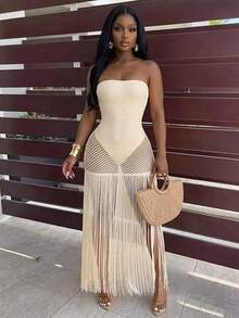 SHEIN BamGlam Women's Solid Color Fringe Hem Strapless Dress Light Beige,Summer,Casual,Holiday,Vacation,Holiday Island Beach Outfits Y2K Mesh Club Party Wear - Apricot - View 3