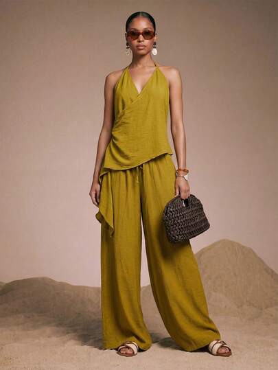 Zivah 2026 Casual Beach Vacation Elegant Chic High Street Commute Outfit, Yellow Green Camisole And Palazzo Pants Bohemian Set
