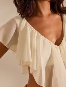 Opulessa Women's Solid Color Ruffle Hem Cropped Fashionable Top - White - View 1