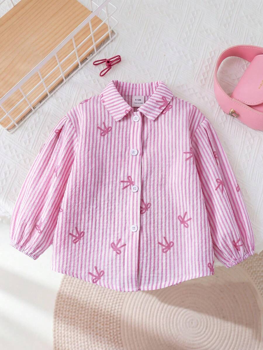 SHEIN LMoss Kids LMoss 女婴时尚可爱条纹长袖衬衫,非常适合度假 - 粉色 - 查看 1