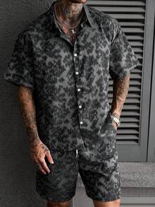 SLATEMANN 男士印花短袖单排扣衬衫和短裤套装 - 深灰色 - 查看 3