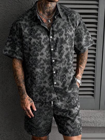 Manfinity CasualCool Men's Printed Short Sleeve Single-Breasted Shirt And Shorts Set