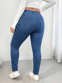 Enliva Plus Size Women's Solid Color Casual High Stretch Jeans, For Apple And Rounded Body Shape - Medium Wash - View 2