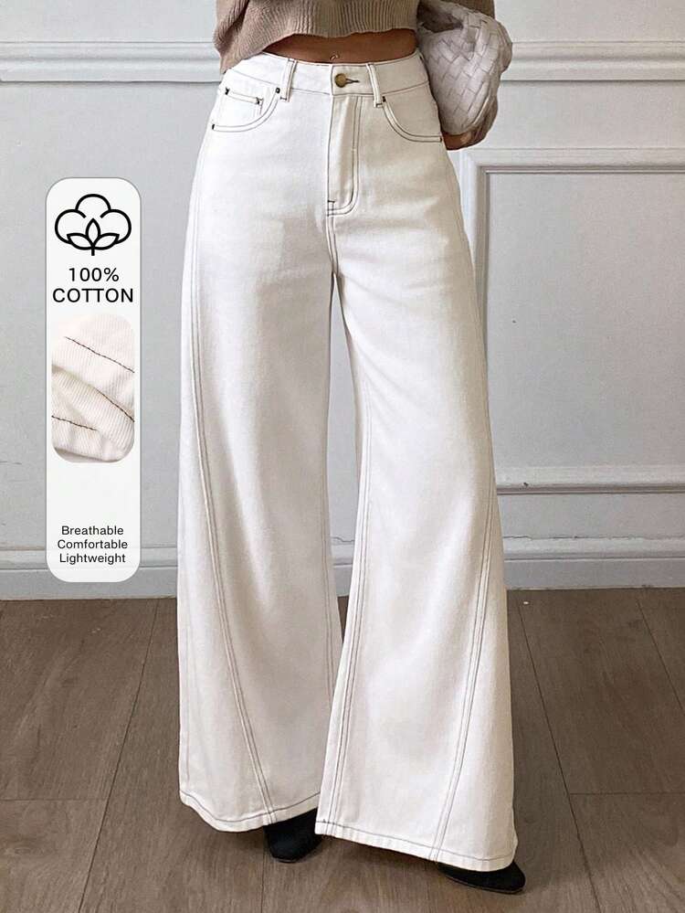 Women's Loose Pocket Casual Wide Leg White Jeans