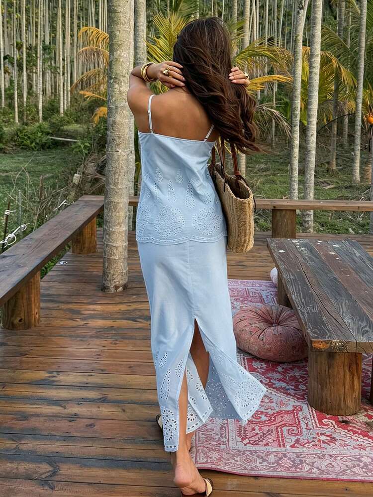 Solid Color Floral Embroidered Hem Fitted Maxi Dress, Elegant Vacation Spring/Summer 2-Piece Set For Women