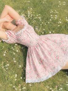 SHEIN MOD Pink Floral Lace Ruffle Petal Sleeve Mini Dress - Pink - View 1