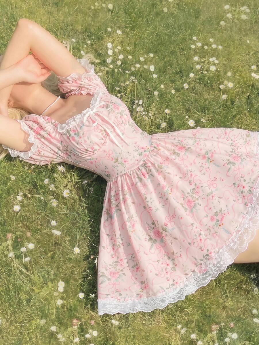 SHEIN MOD Pink Floral Lace Ruffle Petal Sleeve Mini Dress - Pink - View 1