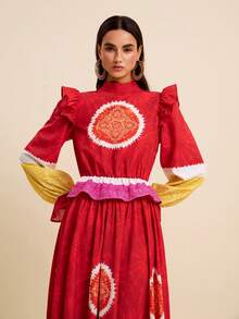 LOTSLUV Blusa corta de manga larga con cuello alto, cintura ceñida y volantes, con estampado de rojo, amarillo y rosa, para vacaciones de primavera/verano de mujer - Rojo - Ver 1