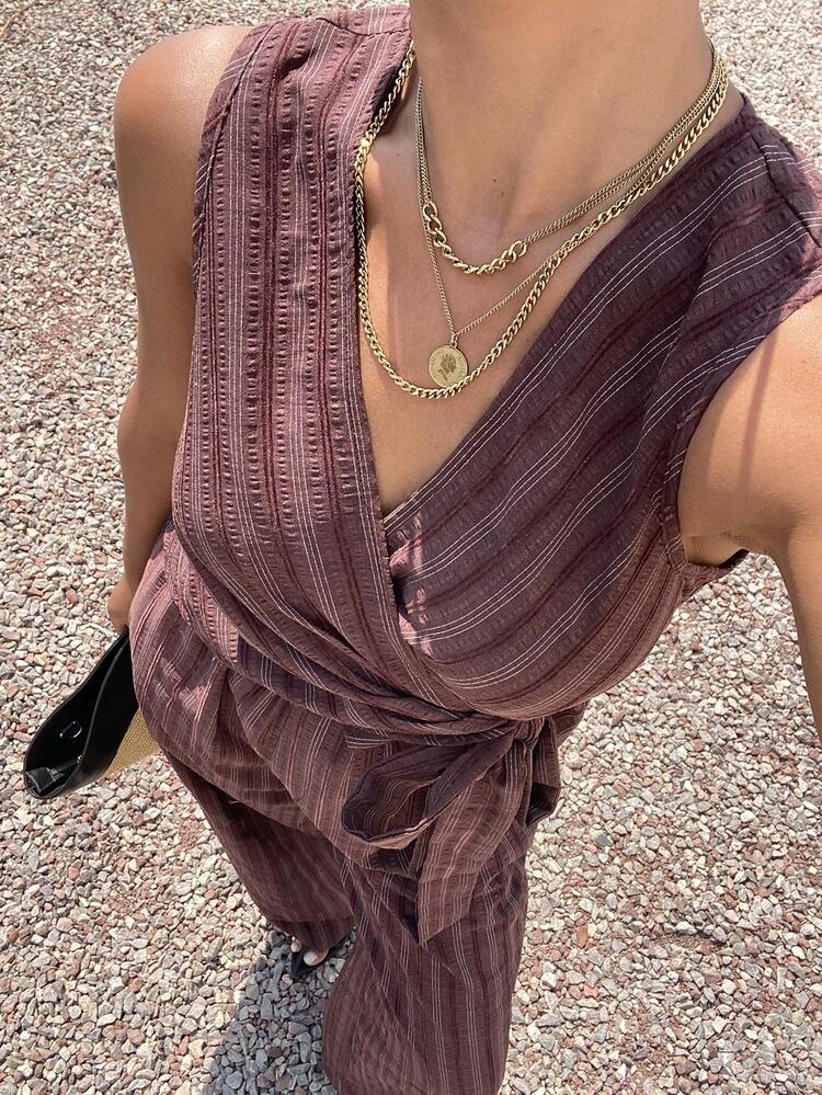 Women's Striped V-Neck Top And Pants Casual 2 Pieces Set
