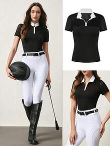 SHEIN With My Calm Women's Contrast Color Zipper Design Short Sleeve Equestrian Top - Black - View 3
