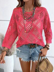 SHEIN Holidaya Sweater Rajut Wanita Kasual Liburan Warna Polos dengan Lubang di Bagian Bawah - Hot Pink - View 7