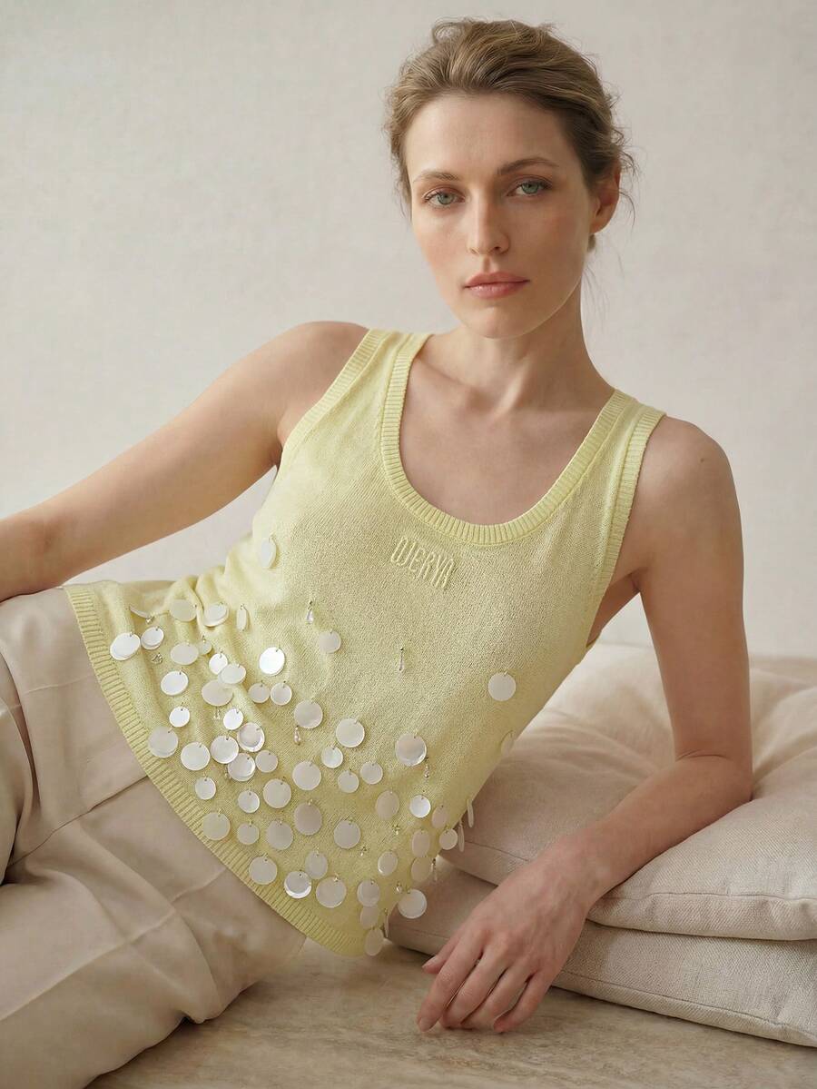 MOTF PREMIUM Áo vest dệt kim không tay đính sequin, kiểu dáng rộng rãi, tôn dáng dành cho nữ. - Màu vàng - Xem 1