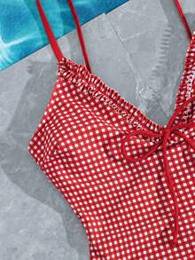 Swim Mod Áo tắm một mảnh nữ kiểu dáng retro họa tiết kẻ caro nâu, cổ chữ V phối bèo nhún, dây mảnh, lưng hở, buộc dây phía trước, lý tưởng cho thể thao & bãi biển, kỳ nghỉ xuân & hè. Đồ bơi 2026. Áo tắm kiểu Pháp. Áo tắm mùa hè kiểu Châu Âu. Trang phục mùa hè. - Nhiều màu - Xem 9