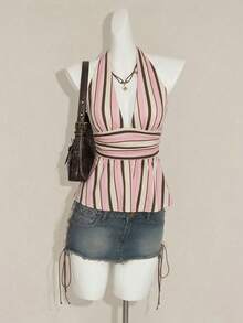 Attitoon Halter Deep V-Neck Cinched Waist A-Line Backless Camisole,Summer Top - Multicolor - View 4