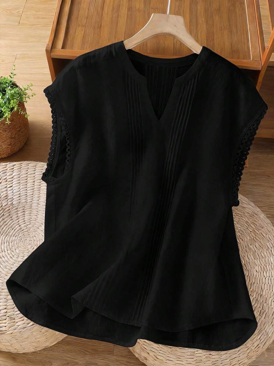 SHEIN LUNE CURVE 大码衬衫,肩部荷叶边拼接,质感亚麻舒适上衣 - 黑色 - 查看 1