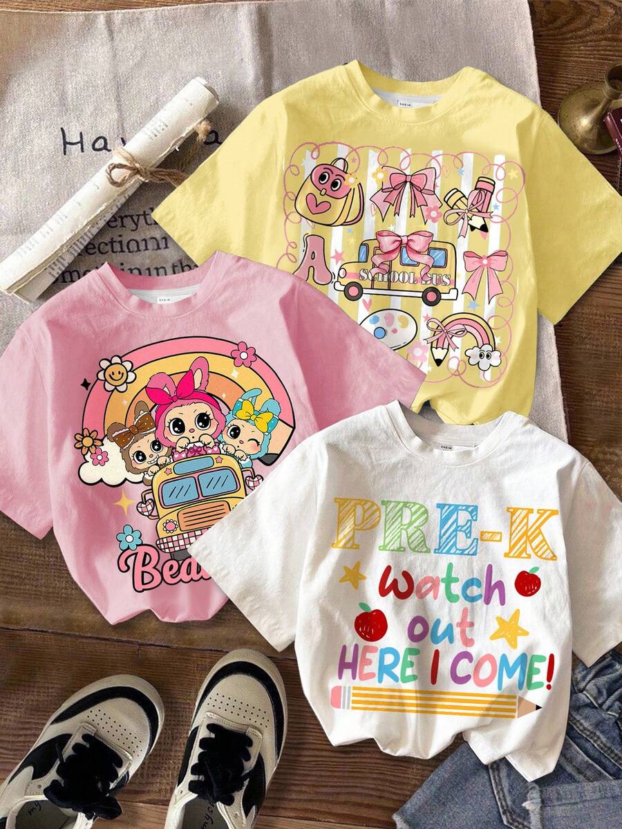 返校季,小心!我來了!可愛卡通趣味校車、彩虹花朵、鉛筆、蝴蝶結裝飾返校圖案,女童休閒簡約圓領短袖基本款T恤,適合春夏,3件組白色、奶油粉、黃色。夏季輕鬆舒適,秋季疊穿,時尚童裝,休閒穿搭,兒童圖案 - 彩色 - 查看 1