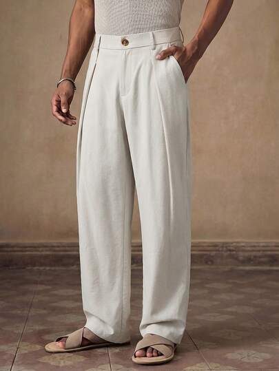 HIMLAND Men's Solid Color Slant Pocket Pleated Casual Suit Pants