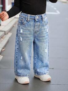 SHEIN Bubblio Quần ống rộng dáng suông màu xanh denim kiểu retro cho bé gái - Rửa nhẹ - Xem 4