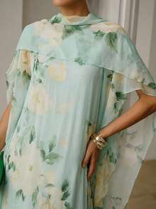 ZEYLAH Extra Long Flowy Printed Robe, Romantic Oversized, Spring - Mint Green - View 2