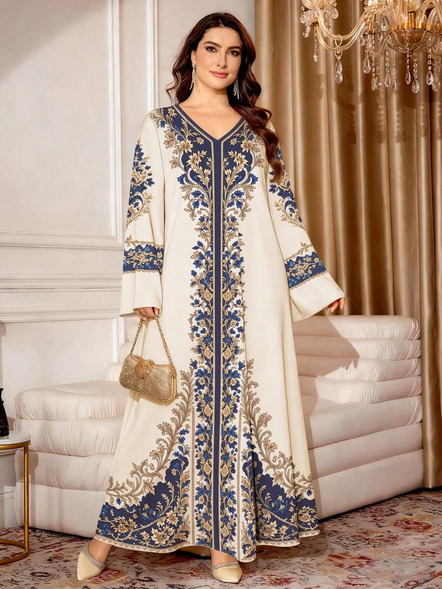 SHEIN Najma 大码女式印花撞色V领长袖连衣裙,优雅正式礼服,春夏款 - 彩色 - 查看 1