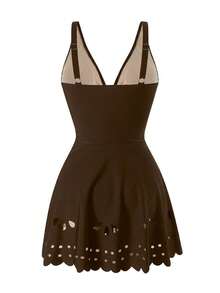 Swim Lushoire Mature Solid Color Cutout Ruffle One-Piece Swimsuit - Coffee Brown - View 6