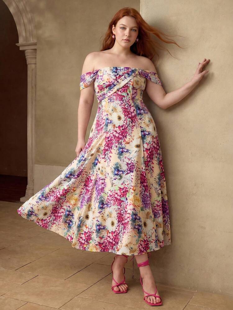 PLUS SIZE ELEGANT SLIMMING A-LINE MID-LENGTH DRESS, SPRING/SUMMER