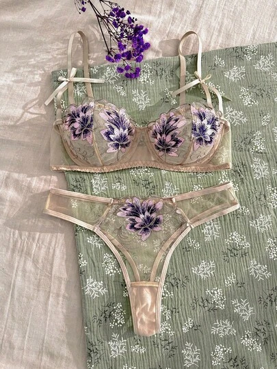CottageSlumber 2 piezas Conjunto de sujetador con aros y bordado floral de malla, romántico y fresco para mujeres