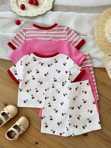 LMoss Kids Bộ 6 áo thun dệt kim cổ tròn phối màu cho bé gái, kiểu dáng thường ngày, in hình quả anh đào dễ thương. - Nhiều màu - Xem 2