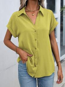 EMERY ROSE Women's Solid Color Single-Breasted Casual Versatile Daily Wear Shirt - Lime Green - View 4