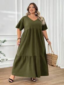 SHEIN CURVE+ 大码长款沙滩度假连衣裙 波西米亚风 夏季/乡村/沙滩度假装/沙滩装/沙滩服饰 - 軍綠色 - 查看 4